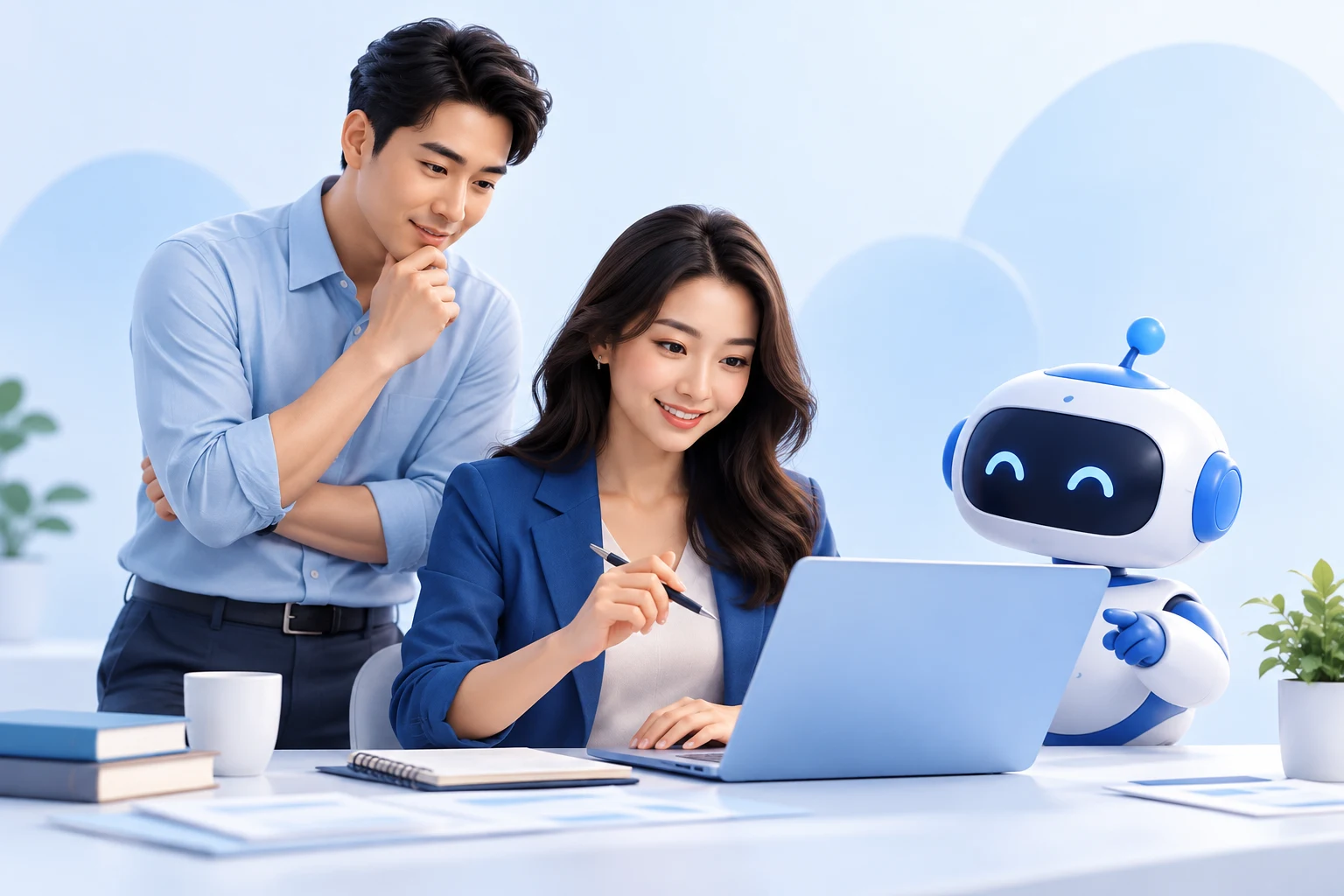 กราฟิกทีมงานธุรกิจทำงานร่วมกับผู้ช่วย AI