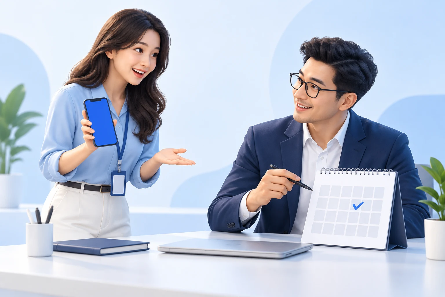 กราฟิกพนักงานและฝ่ายบุคคลพูดคุยเรื่องการลาและตรวจปฏิทิน