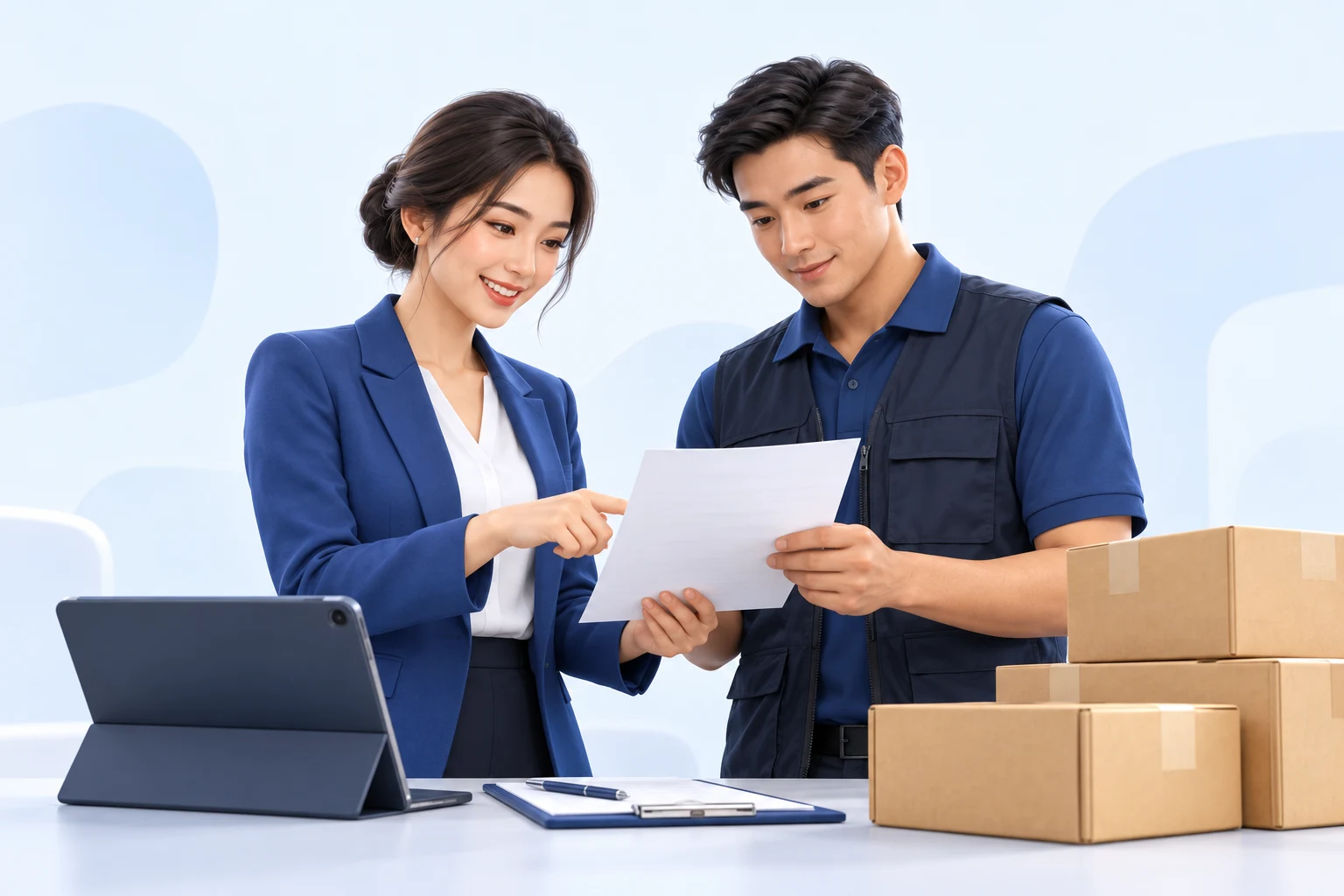 กราฟิกทีมจัดซื้อกำลังตรวจสอบเอกสารกับผู้จำหน่าย